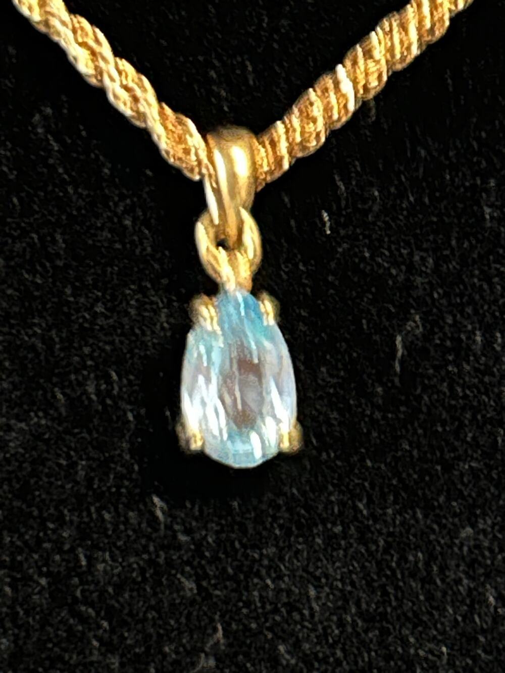Gold Tone Blue Topaz Teardrop Pendant Necklace 18" Chain
